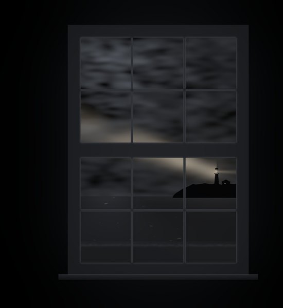 A window at night looking out to sea, a distant lighthouse sweeping its warm beam through the haze