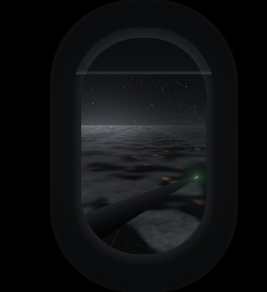 An airplane window at night above a moonlit cloud deck, the wing's green navigation light glowing