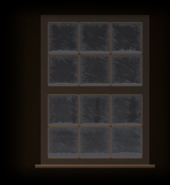A frosted cabin window at night with snow blowing past and firelight glowing on the frame