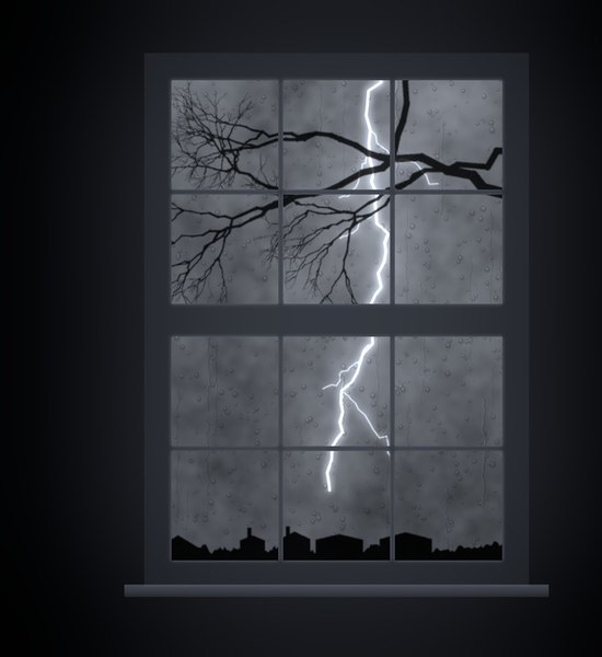 A double-hung window at night lit by a soft lightning flash, bare branches and rooftops outside